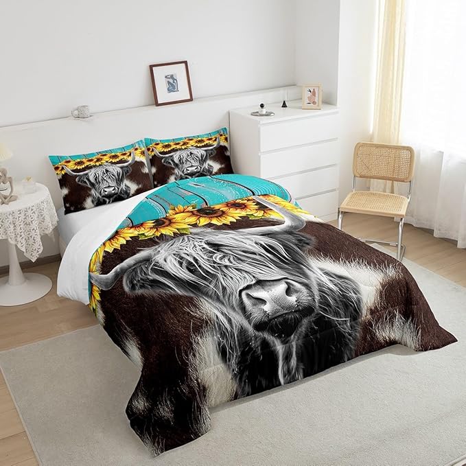 Highland Cow Bedding Sets Full Brown Cow Fur Print Comforter For Kids Boys Girls 3D Sunflowers Quilt Funny Farmhouse Animal Duvet Set Retro Woodren Board Backdrop Down Comforter,Black Brown Blue