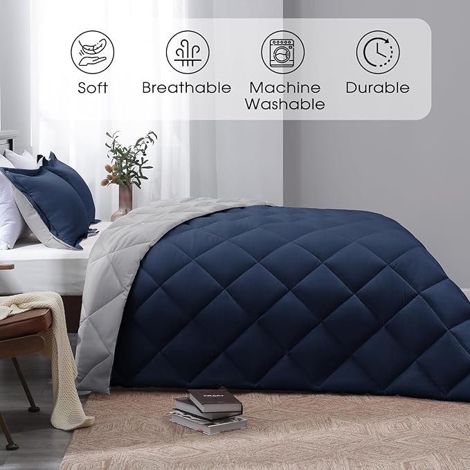 Basic Beyond Full Size Comforter Set - Navy and Grey Comforter Set Full, Reversible Comforter Full Size Set, 1 Comforter (82"x92") and 2 Pillow Shams (20"x26"+2")