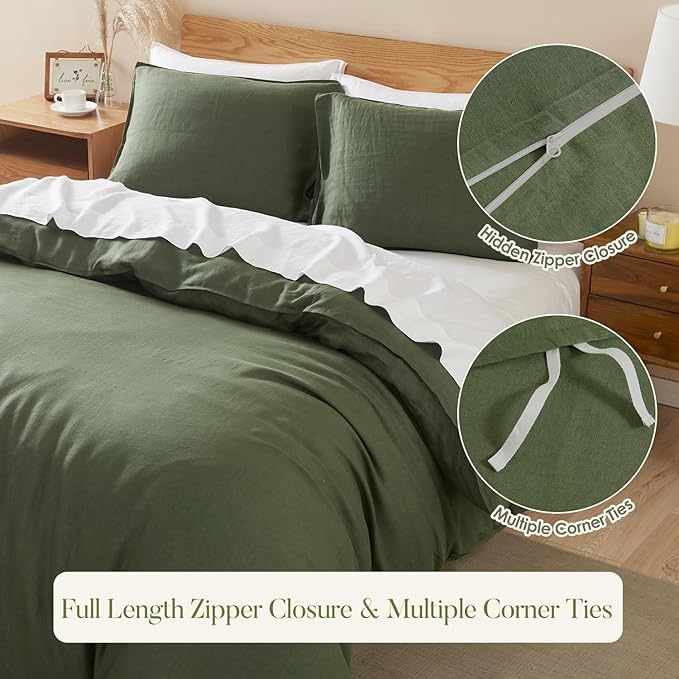 DAPU 100% Linen Duvet Cover Twin 2PCs, Pure Natural French Flax Linen Duvet Cover King 68"x90" with Corner Ties and Zipper Closure, Soft Breathable Durable for Hot Sleepers (Olive Green, Twin)