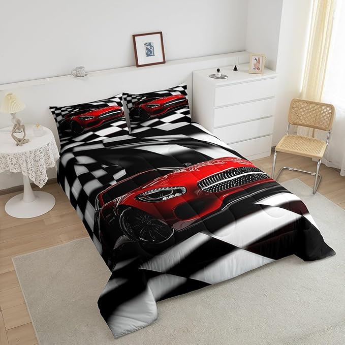 Erosebridal Teen Race Car Comforter Set For Boys King Size Extreme Sports Car Bedding Set,Black White Checkered Grid Comforter Retro Red Cool Vehicle Automobile Quilt Duvet 2 Pillow Cases