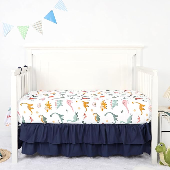 Crib Bedding Set for Boys, Baby Crib Bedding Set 4 Piece, Baby Boy Nursery Bedding Set Including Comforter, Fitted Crib Sheet, Crib Skirt, Diaper Stacker, Blue Dinosaur | Cute Pattern, 4 Piece