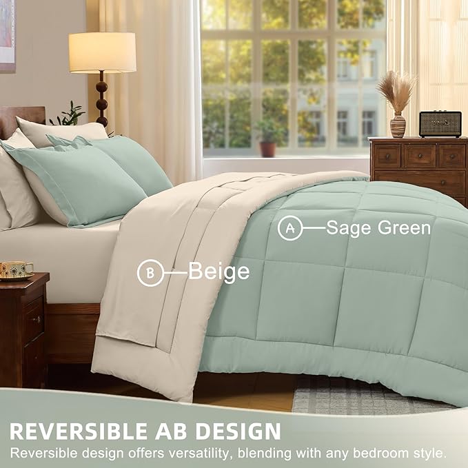 FUANNA King Size Comforter Set 7 Pieces, Reversible Bedding Sets with All Season Soft Comforter, Bed in a Bag Includes Comforter, Flat Sheet, Fitted Sheet, Pillowcases & Shams, Sage Green & Beige