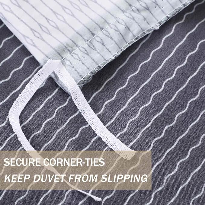 Nanko Duvet Cover Set Full Size 3pc 80x90 Gray Mint Green Striped Pattern Printed Luxury Microfiber Comforter Quilt Bedding Cover with Zipper Closure Ties - Modern for Men and Women Chambray