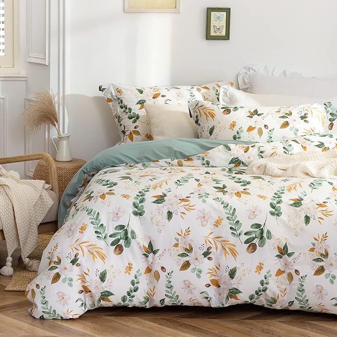 MILDLY Farmhouse Duvet Cover Set - 100% Washed Cotton Garden Flower Printed Bedding Set Queen Size Soft Breathable Comforter Cover with Zipper Ties