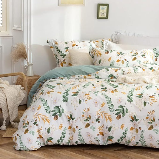 MILDLY Farmhouse Duvet Cover Set - 100% Washed Cotton Garden Flower Printed Bedding Set Queen Size Soft Breathable Comforter Cover with Zipper Ties