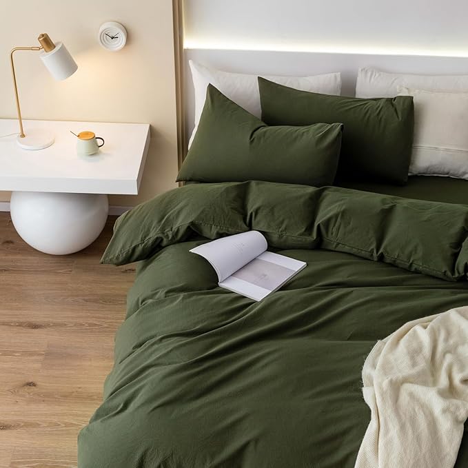 JIYUAN 100% Washed Cotton Duvet Cover Set 3 Pieces Queen, 1 Duvet Cover 90x90 Inches(Comforter Not Included) and 2 Pillowcases,Linen Feel Bedding Set Comfy and Breathable,Olive Green