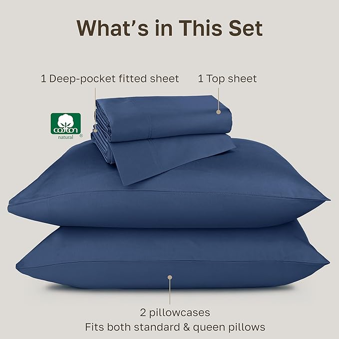California Design Den Natural 100% Cotton Queen Sheet Set - Luxury Hotel 800 Thread Count Sateen, Soft and Durable Deep Pocket Sheets Set - Navy Blue