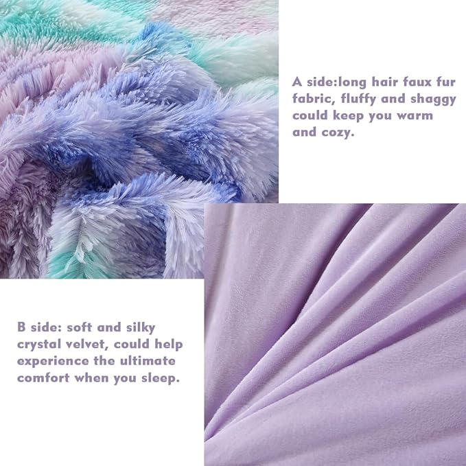 PERFEMET Purple Long Faux Fur Plush Comforter Twin 3-Piece Colorful Rainbow Fluffy Shaggy Girls Bed Sets for Teens Kids Tie Dye Fuzzy Furry Bedding Comforter Set(Purple, Twin)