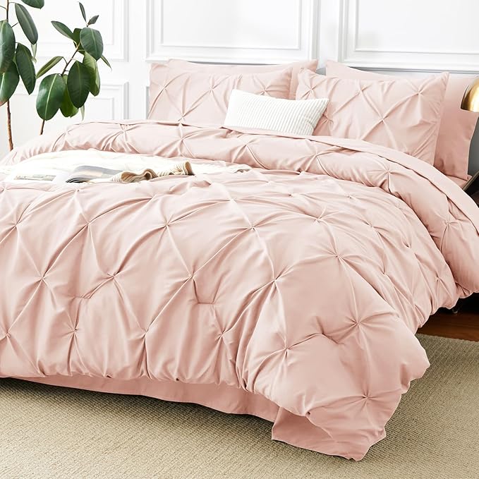 Full Comforter Set Blush Pink, 7 Pieces Pintuck Bed in A Bag Full Size Bedding, Soft Bed Set All Season Pinch Pleat Comforter Set with Sheets, Pillowcases & Shams