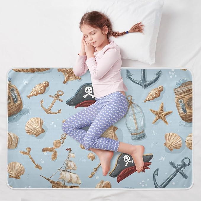 Waterproof Bed Pad Reusable Changing Pad Toddler Mattress Protector Large Pee Pad Baby Diaper Pad Soft Washable Liner Blue Pirate Hats Anchors Seashells