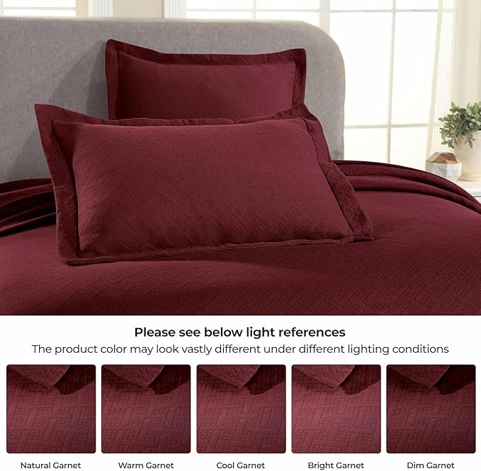 Superior 2 Piece Basketweave Cotton Bedspread Set, Home Bed Decor, Decorative Bed Spread, 1 Pillow Sham, Medium Weight Blanket, Matelasse Coverlet Bedding, Geometric Lattice Pattern, Twin, Garnet