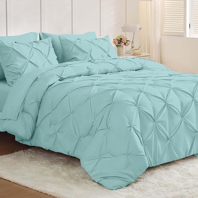 JOLLYVOGUE King Size Comforter Set 7 Pieces - Bed in a Bag King for All Season, Pintuck Bedding Comforter Sets with Comforter, Flat Sheet, Fitted Sheet and Pillowcases & Shams, Lake Blue