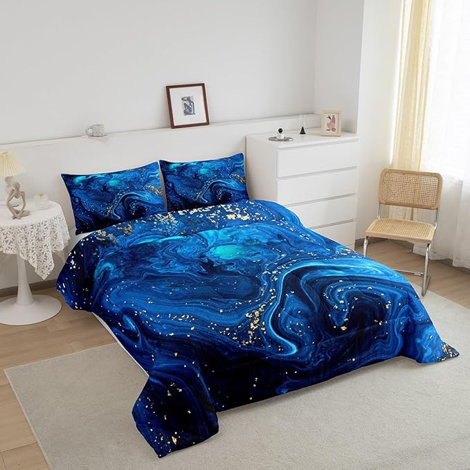 Blue Marble Comforter Set Twin, Ombre Blue Fluid Bedding Set Trippy Liquid Down Comforter Gypsy Golden Sequins Printed Duvet Set Tie Dye Gradient Soft Bedding Comforter Sets with 2 Pillowcases