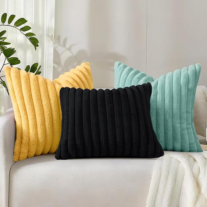 decorUhome Cozy Faux Fur Spring Throw Pillow Covers 18x18 Set of 2 Decorative Soft Plush Striped Modern Farmhouse Boho Couch Pillow Cases with Velvet Back for Sofa Bed Living Room, Aqua