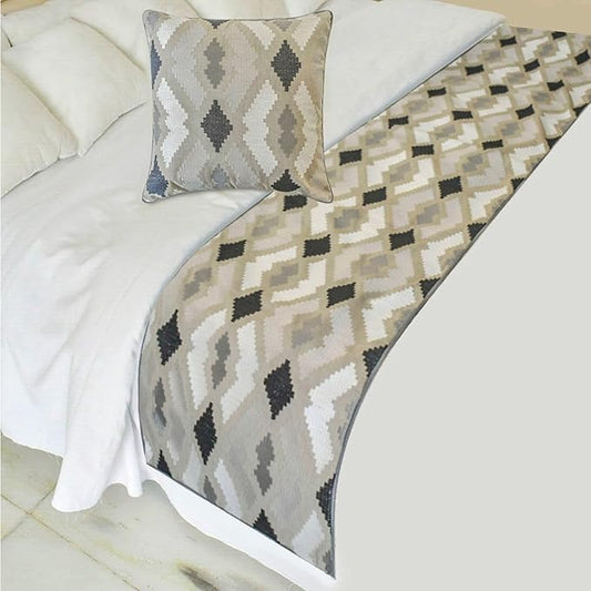 The HomeCentric King/Queen/Twin Beige Decorative Bed Runner King 90"x18" Bed Runner Without Pillow Cover, Embroidery,Aztec Bed Scarf on Linen Fabric - Thread Tale