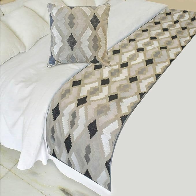The HomeCentric King/Queen/Twin Beige Decorative Bed Runner Twin 53"x18" Bed Runner with One Pillow Cover, Embroidery,Aztec Bed Scarf on Linen Fabric - Thread Tale