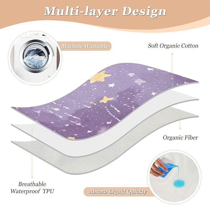 Waterproof Bed Pad Reusable Changing Pad Toddler Mattress Protector Large Pee Pad Baby Diaper Pad Soft Washable Liner Purple Cute Planets Stars