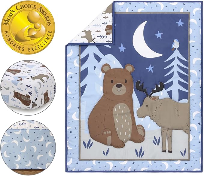 The Peanutshell 3 Piece Baby Crib Bedding Set for Boys - Newborn, Infant & Toddler Nursery Bed Set Decor with Fitted Crib Sheet, Dust Ruffle Comforter - Under The Stars
