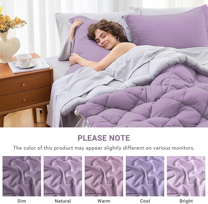 MUXHOMO 7 Pieces Queen Comforter Set, Reversible Bed in a Bag Queen Size, All Season Bedding Set with Comforter, Flat Sheet, Fitted Sheet, Pillowcases & Shams, Greyish Purple & Light Grey