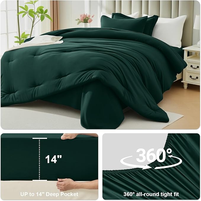 Full Comforter Set 7 Piece - Soft Bed in a Bag Queen Size Comforter Sets, Cozy Luxury Bedding Sets with All Season Comforter, Flat Sheet, Fitted Sheet,2 Pillowcases & 2 Shams, Dark Green