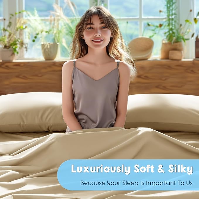 SONORO KATE 100% Egyptian Cotton Sheets Set, Extra Deep Pocket up to 18"-24",1000 High Thread Count, Soft & Breathable 5-Star Hotel Sateen Bed Sheets - 4 PC (Beige,King)