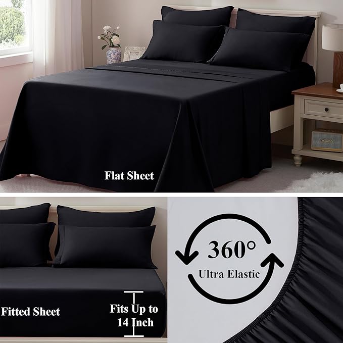 ELNIDO QUEEN® Full Comforter Set Black - 7 Pieces Bed in a Bag Full Size, Bed Set for All Seasons, Ultra Soft Bedding Sets with Comforter, Flat Sheet, Fitted Sheet, Pillowcases and Pillow Shams