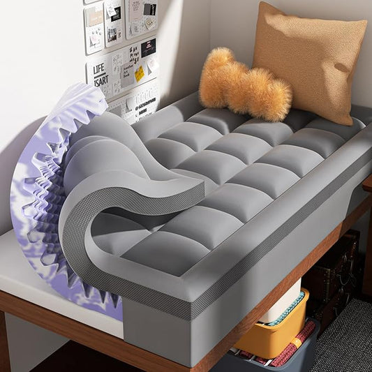 Dual Layer 4 Inch Memory Foam Mattress Topper Twin XL - 2 Inch Gel Memory Foam and 2 Inch Pillow Top Mattress Pad, 7-Zone Egg Crate Twin XL Size Mattress Topper (Grey)
