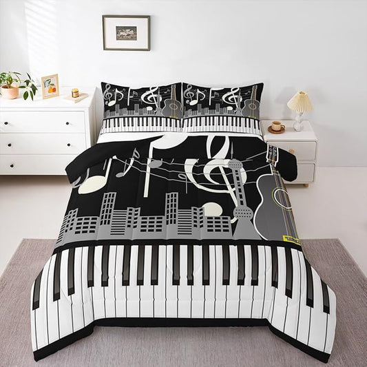 Erosebridal Paino Keys Bedding Set King Size Musical Notes Comforter Set Guitar Rock Music Bedding Comforter for Kids Boys Teens Men Retro Black White Grey Down Comforter Bedroom Decor 3 Piece