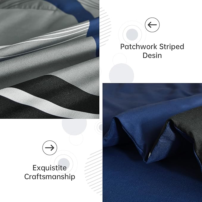 Anibedding Navy Blue Comforter Set Queen Size,8 Pieces Boho Bed in a Bag Patchwork Striped Comforter Set, Soft Microfiber Bedding Set for All Season(90"×90")