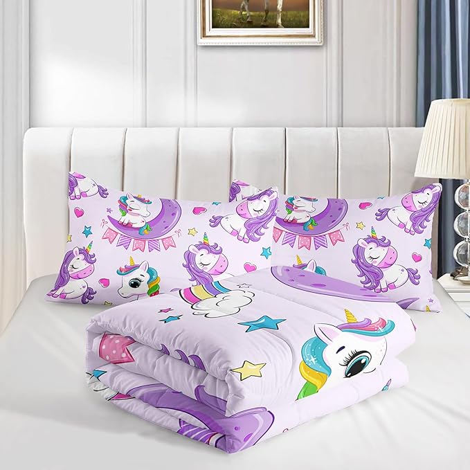 Axolotl Purple Unicorn Comforter Set Full Size, Kids Bedding Set, Cute Unicorn Rainbow Bedding Set with Stars, 3Pcs (1 Comforter + 2 Pillowcases), Unisex, Modern Style, All Seasons