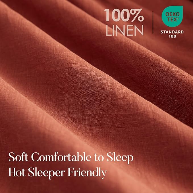 DAPU 100% Linen Duvet Cover Set - Pure Natural French Flax Linen with Corner Ties and Zipper Closure Soft Breathable Durable for Hot Sleepers 1 Duvet Cover 2 Pillowcases (Rust Red, King)