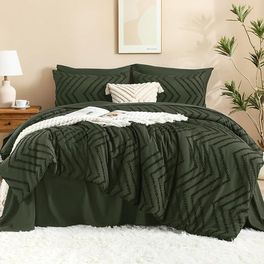 Litanika California King Comforter Set with Sheets Dark Olive Green - 7 Pieces Bed in a Bag Cal King Chevron Tufted Complete Bedding Sets with Comforter, Sheets, Pillowcases & Shams