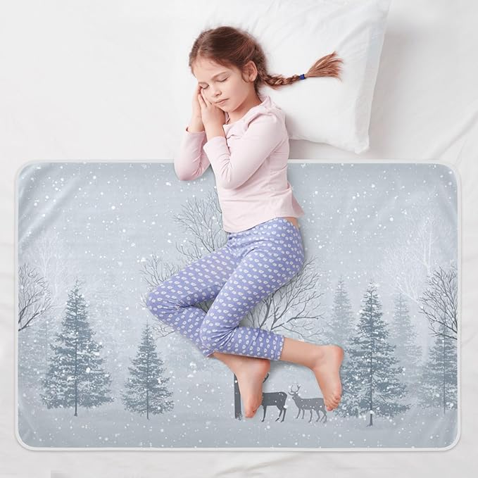 Waterproof Bed Pad Reusable Changing Pad Toddler Mattress Protector Large Pee Pad Baby Diaper Pad Soft Washable Liner Blue Snow Trees and Reindeer