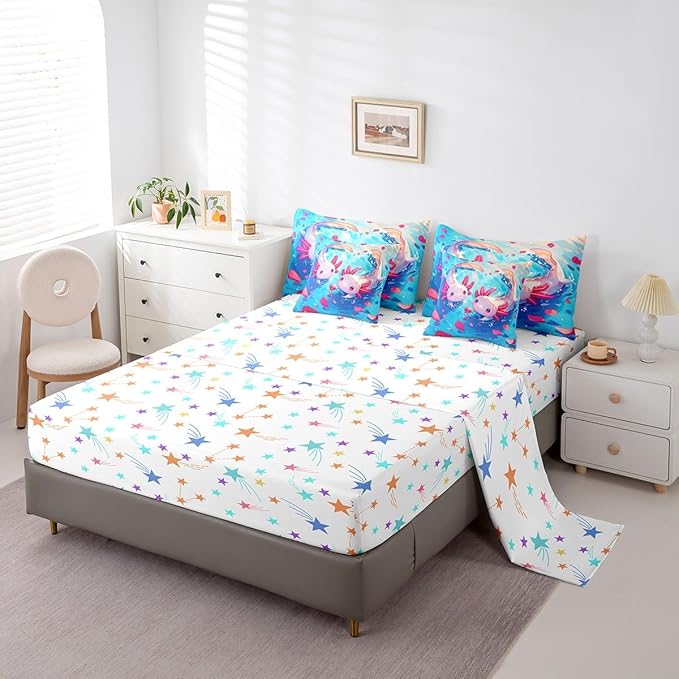 Feelyou Kids Cute Axolotl Bed in A Bag Twin Size, Ocean Sealife 7 Pieces Bedding Set Boys Girls Cartoon Animal Comforter Set with Sheets Kawaii Teens Bed Set Bedroom Decor 7Pcs