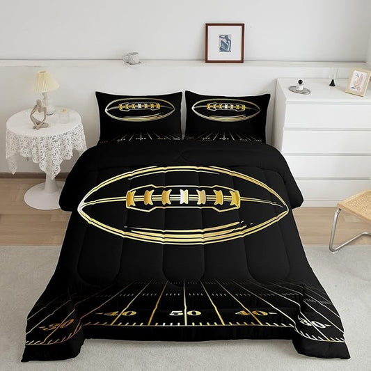 Feelyou Football Bedding Set Queen Kids Rugby Sports Comforter Set American Football Comforter Set for Boys Golden Black Room Decor Lightweight Quilt Set with 2 Pillow Case
