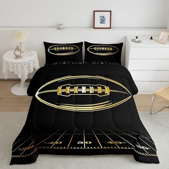 Feelyou Football Bedding Set Full Kids Rugby Sports Comforter Set American Football Comforter Set for Boys Golden Black Room Decor Lightweight Quilt Set with 2 Pillow Case
