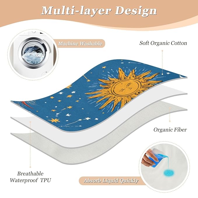 Waterproof Bed Pad Reusable Changing Pad Toddler Mattress Protector Large Pee Pad Baby Diaper Pad Soft Washable Liner Moon Sun Blue