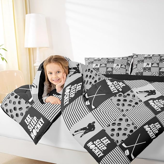 Ice Hockey Comforter Sets For Boys King Black White Grey Winter Sports Games Down Comforter Kids Teen Room Decor,Hockey Pucks Player Bedding Set Geometric Checkered Stripes Quilt Duvet 2 Pillow Cases