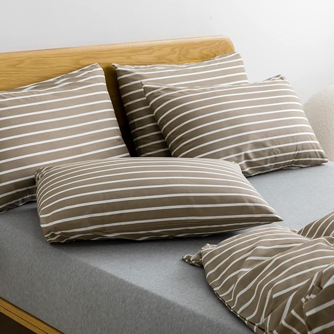 JELLYMONI Queen Duvet Cover Set, Cotton Duvet Cover 3 Pieces with Zipper Closure, 1 Duvet Cover and 2 Pillowcases(Khaki with White Striped)