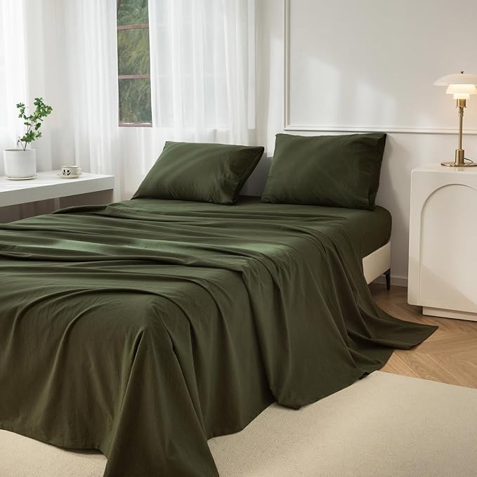 JIYUAN 100% Washed Cotton Sheet Set 4 Pieces Cal King,1 Fitted Sheet,1 Flat Sheet and 2 Pillowcases,Comfy and Breathable Linen Like Bedding Set,Olive Green