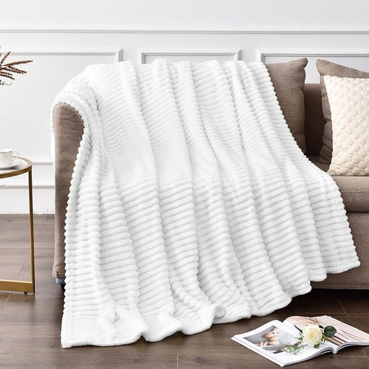 BEDELITE Fleece Blanket Twin Size – 3D Ribbed Jacquard Soft and Warm Decorative Fuzzy Blankets – Cozy, Fluffy, Plush Lightweight Throw Blankets for Couch, Bed, Sofa(White, 60x80 inches)