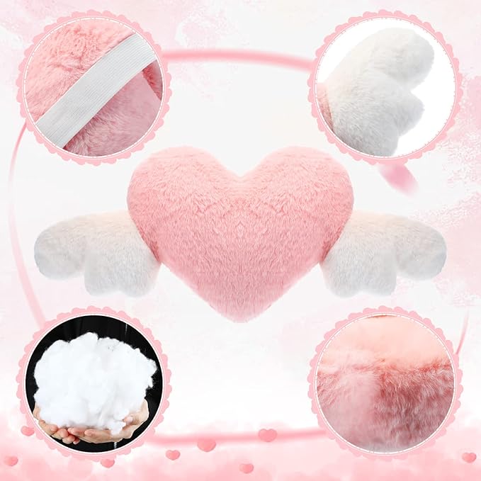 Macarrie 2 Pcs Plush Heart Shaped Pillow with Angel Wings Car Headrest Soft Comfortable Car Seat Pillow for Driving Travelling Room Office Car Decor, 19.7 x 8.3 Inch(Pink)