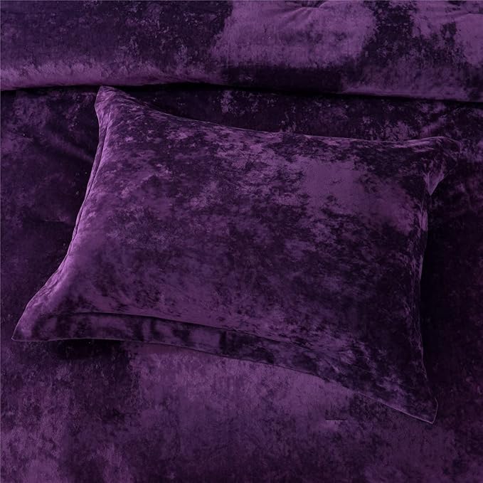 Sunshine Nicole Distressed Velvet Comforter Set, Distressed Velvet Face and Brushed Solid Microfiber Reverse, with Light Weight Soft Poly Fill, 5 Pieces Purple, Queen