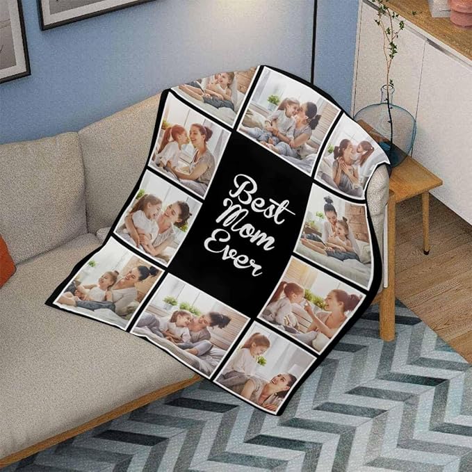 Photo Blankets Customize, 10 Photos Customize Blanket Mom Birthday Gifts from Daughter Son, Personalized Mom Daughter Pictures Blankets, 8 Sizes