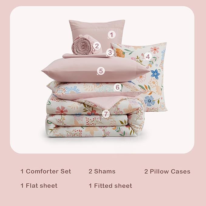 Full Comforter Set for Girls Kids - 7 Pieces Pastel Garden Full Size Bedding Sets for Kids, Soft Cozy Bed in A Bag with Sheets