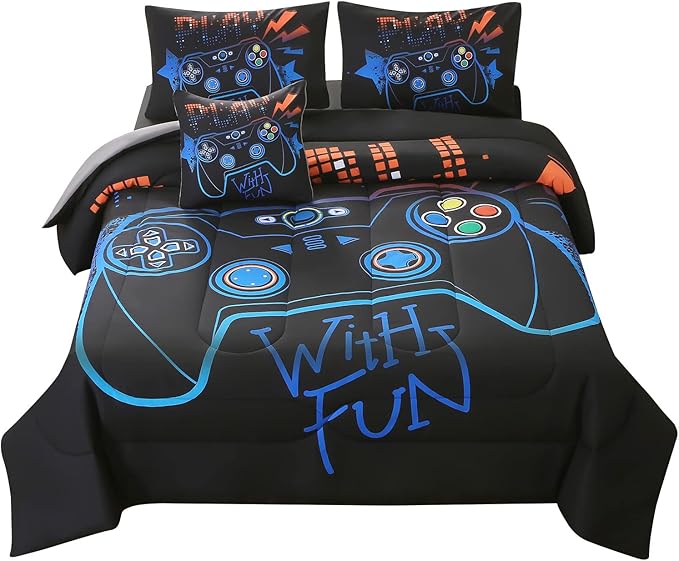 JQinHome Queen Gaming Comforter Sets for Boys,6 Piece Bed in A Bag 3D Video Game Bedding All Season Soft Microfiber Gamer Bedding Sets for Kids, Pillowcase, Flat Sheet, Fitted Sheet,Cushion Cover