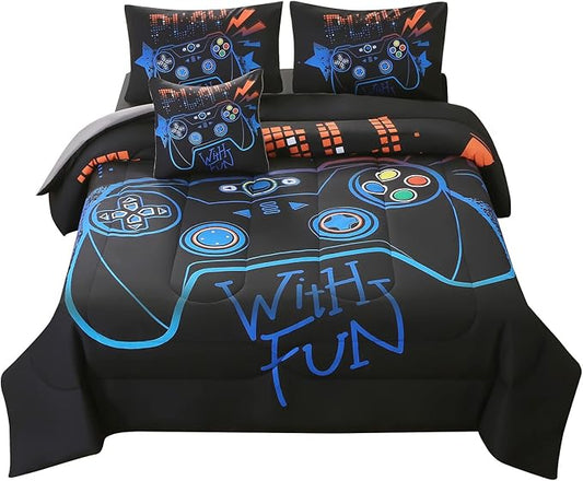 JQinHome Twin Gaming Comforter Sets for Boys,6 Piece Bed in A Bag 3D Video Game Bedding -All Season Soft Microfiber Gamer Bedding Sets for Kids, Pillowcase, Flat Sheet, Fitted Sheet,Cushion Cover