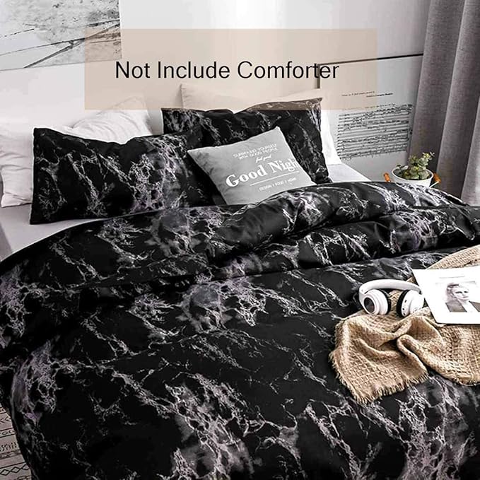 Nanko Bedding Queen Duvet Cover Set Dark Black Marble, 3 Piece - 1000 - TC Luxury Microfiber Quilt Cover with Zipper Closure, Ties - Organic Modern Style for Men and Women