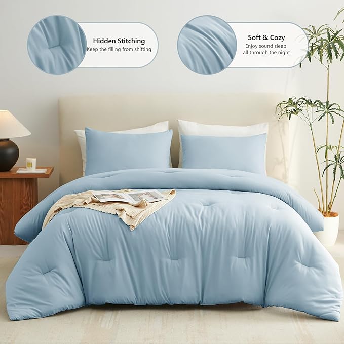 CozyLux King Size Comforter Set Light Blue, 3 Pieces Solid Comforters King Size Breathable Quilted Bedding Sets, Luxury Soft Bed Set with Down Alternative Comforter (1 Comforter & 2 Pillowcases)