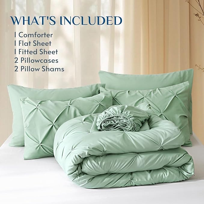 JOLLYVOGUE Queen Comforter Set 7 Pieces - Bed in a Bag Queen for All Season, Pintuck Bedding Comforter Sets with Comforter, Flat Sheet, Fitted Sheet and Pillowcases & Shams, Sage Green